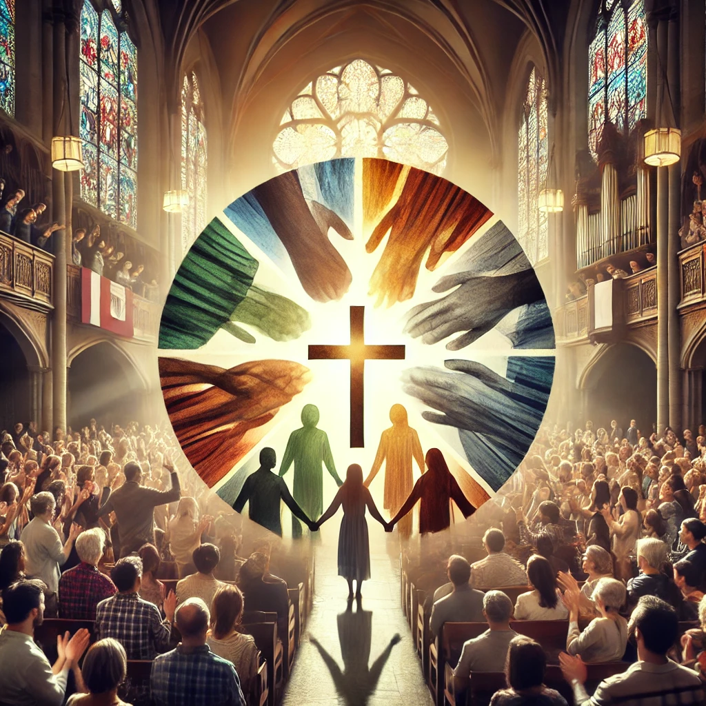 image symbolisant l'unité des chrétiens : une cathédrale lumineuse avec une assemblée diverse et un symbole central de mains et de silhouettes unies autour d’une croix. L’ambiance reflète la communion et la fraternité spirituelle.